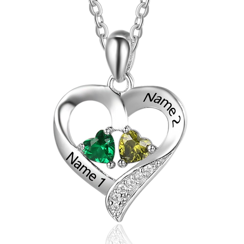 Personalized Name S925 Two Birthstones Heart Shape Pendant Necklace